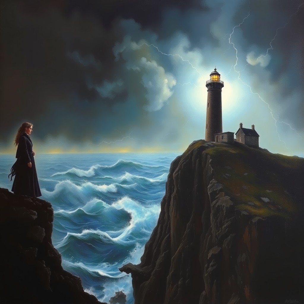 AI generated art for prompt: A striking oil painting depicts a solitary figure standing atop a craggy cliff, their gaze fixed on 