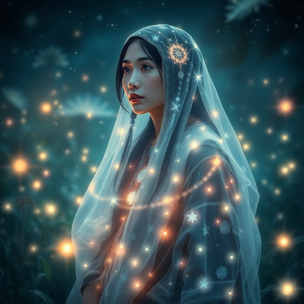 AI generated art for prompt: A captivating digital art portrait presents an enigmatic figure, harmoniously merging Native America