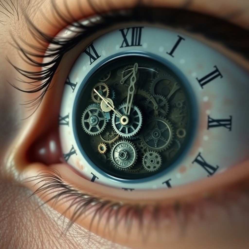 AI generated art for prompt: Create an image depicting a surreal close-up of a clock face with disintegrating time hands encased 