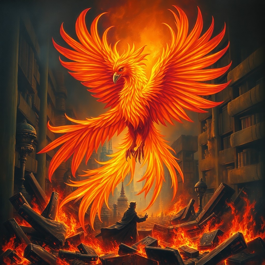 AI generated art for prompt: An oil painting depicting a regal phoenix emerging from the scorched remains of an opulent, ancient 