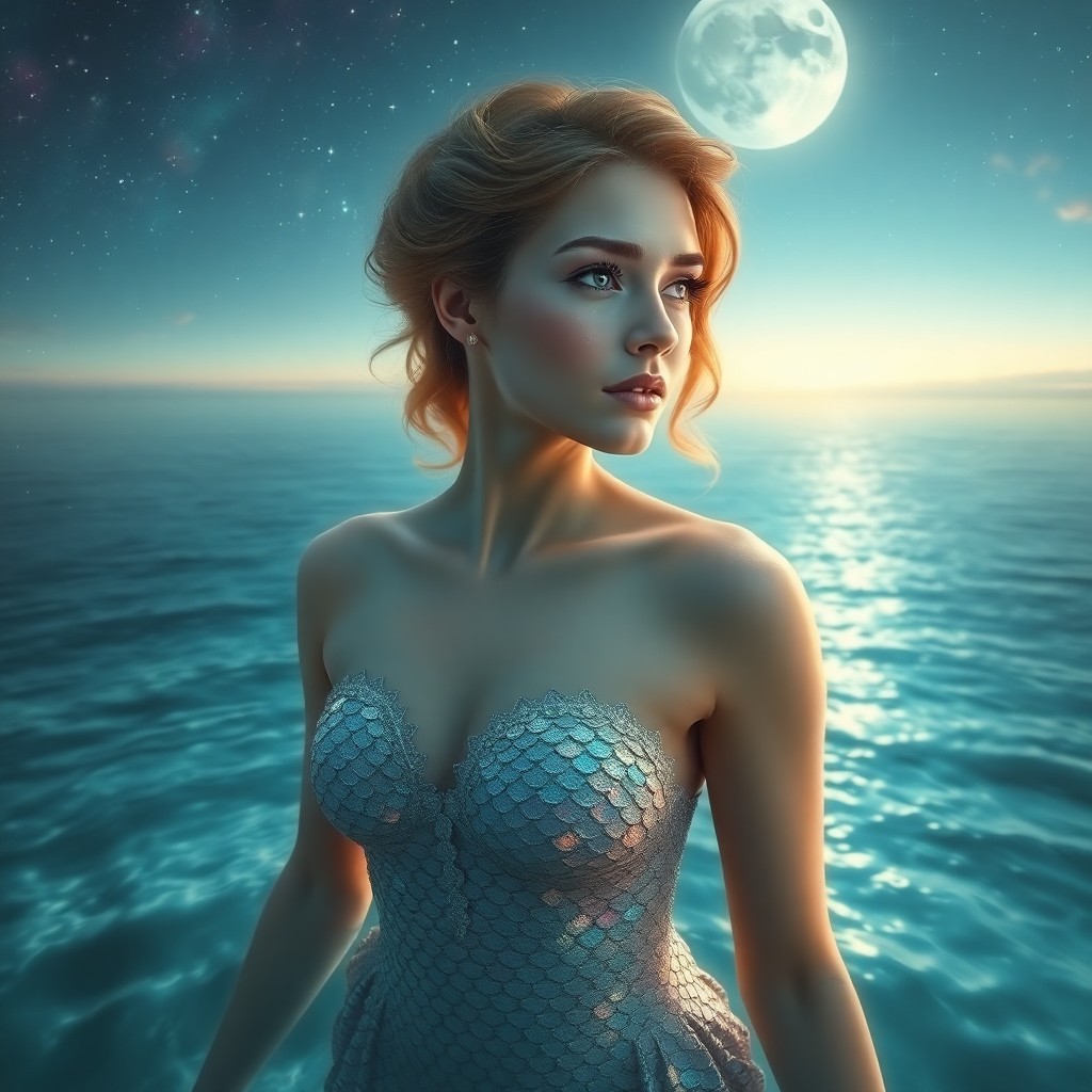 AI generated art for prompt: A mesmerizing digital art piece captures the alluring essence of a celestial mermaid, her scales shi