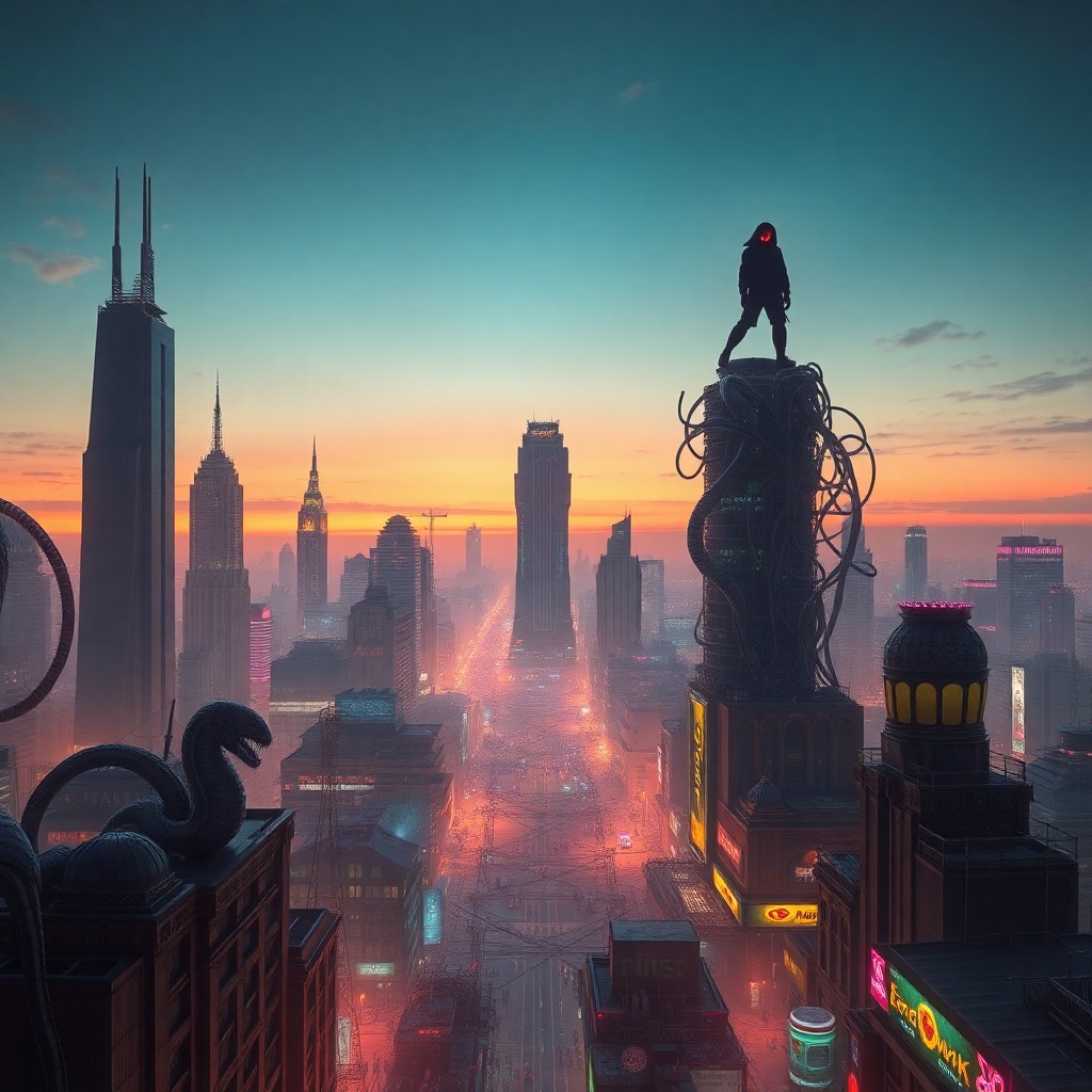 AI generated art for prompt: Observe a panoramic vista of an electrifying cyberpunk city at twilight, where the architectural mar