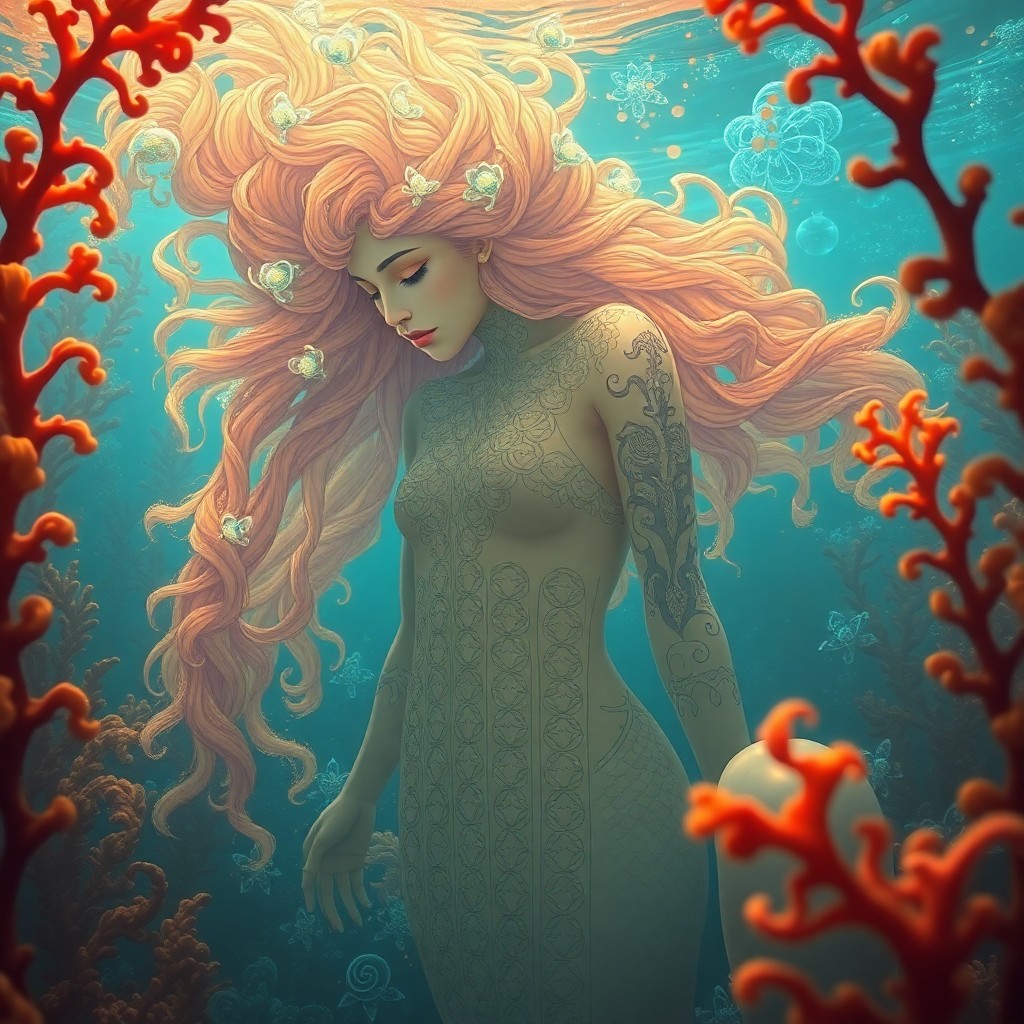 AI generated art for prompt: A mesmerizing underwater scene, reminiscent of biogenic illustrations, showcases an ancient mermaid 