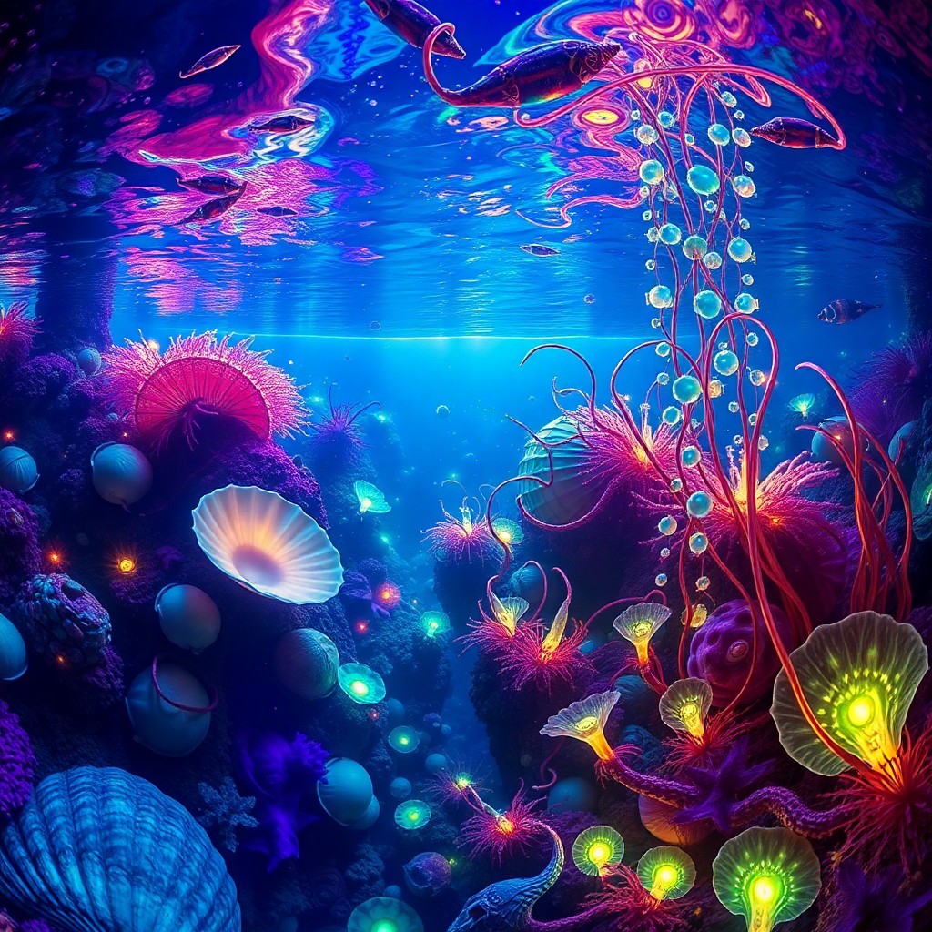 AI generated art for prompt: Imagine an enchanting underwater realm characterized by the luminous hues and fantastical marine cre