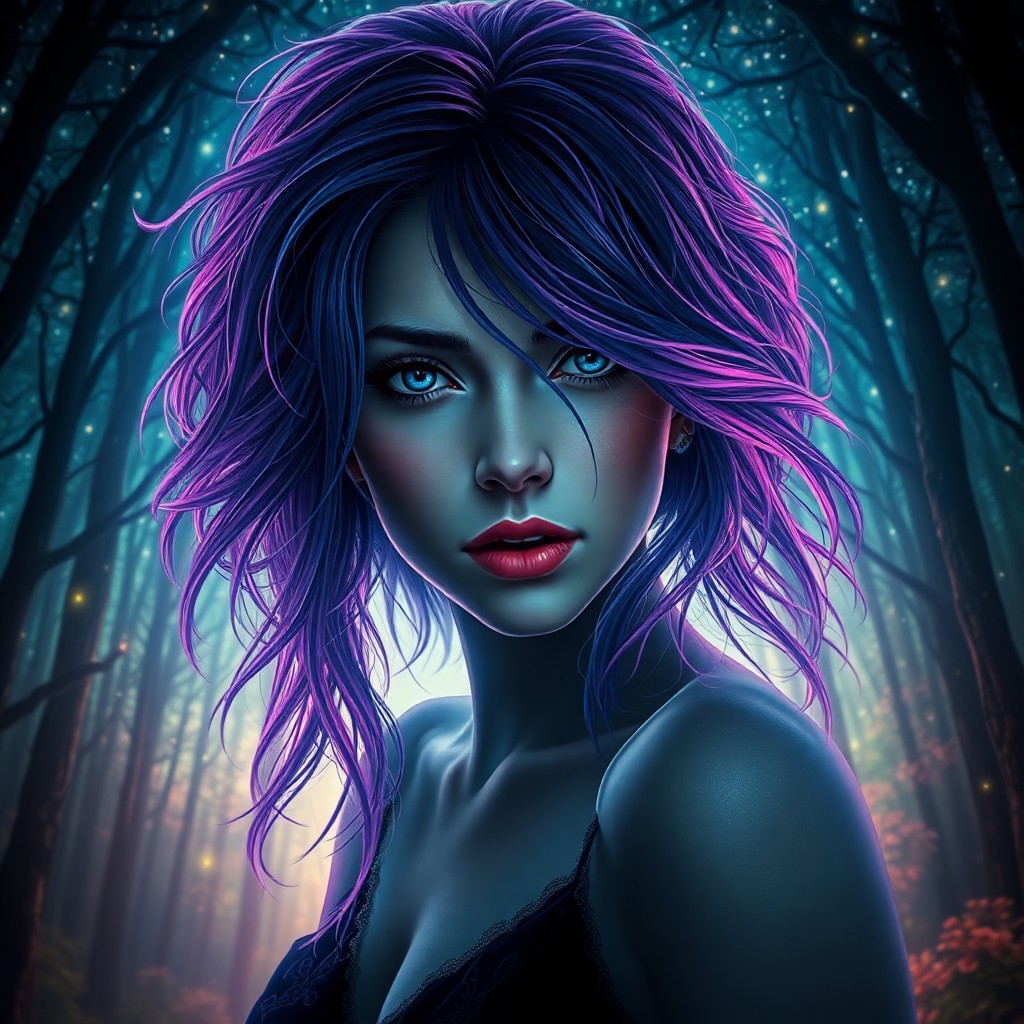 AI generated art for prompt: A mesmerizing digital art portrait depicting an enigmatic woman with hair that shimmers between deep