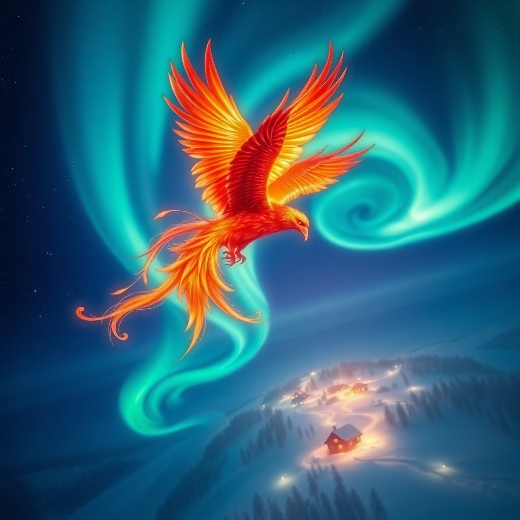 AI generated art for prompt: A majestic phoenix, its vibrant feathers transitioning from deep crimson to fiery gold, takes flight