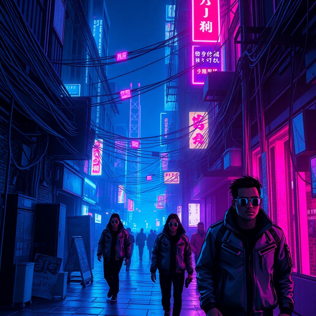 AI generated art for prompt: Envision a nocturnal cyberpunk alleyway bustling with activity, bathed in the ethereal glow of neon 