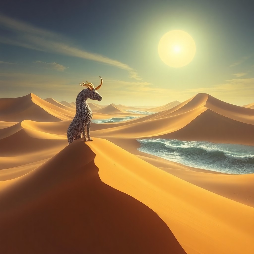 AI generated art for prompt: Craft an image in the surrealistic manner of Dali-esque dreamscapes, depicting a whimsical desert pa