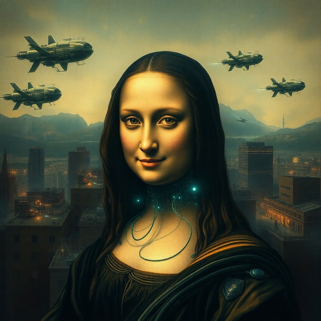 AI generated art for prompt: A fusion of Renaissance artistry and futuristic technology portrays an enigmatic cyborg portrait, re