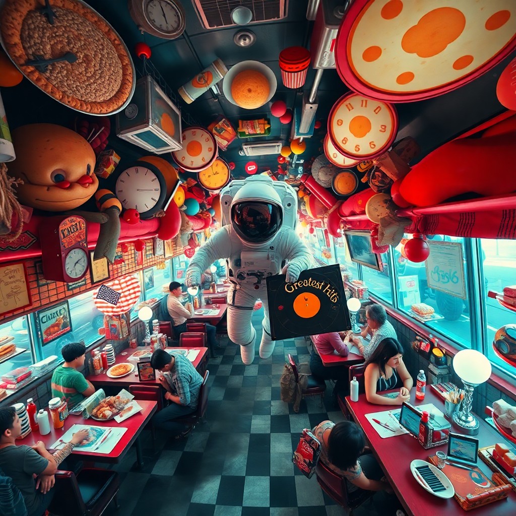 AI generated art for prompt: A surreal digital composition depicting a chaotic dreamscape diner scene where time appears to disto