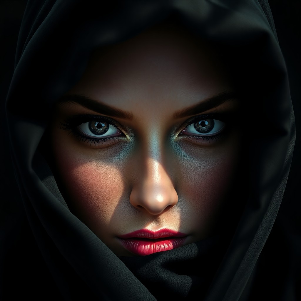 AI generated art for prompt: A mesmerizing digital art portrait depicts an alluring female figure shrouded in darkness, her capti