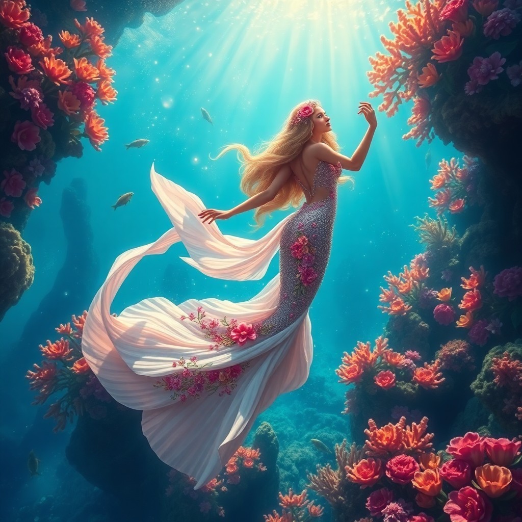 AI generated art for prompt: Imagine an enchanting underwater world where a regal mermaid gracefully dances among vibrant coral g