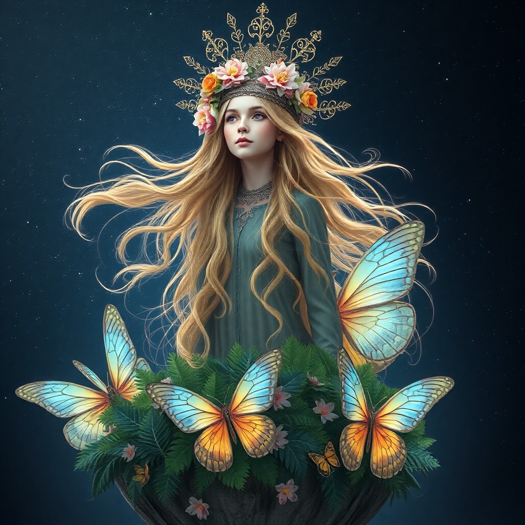 AI generated art for prompt: A surreal digital artwork depicting a young woman with flowing golden hair wearing an ornate headdre