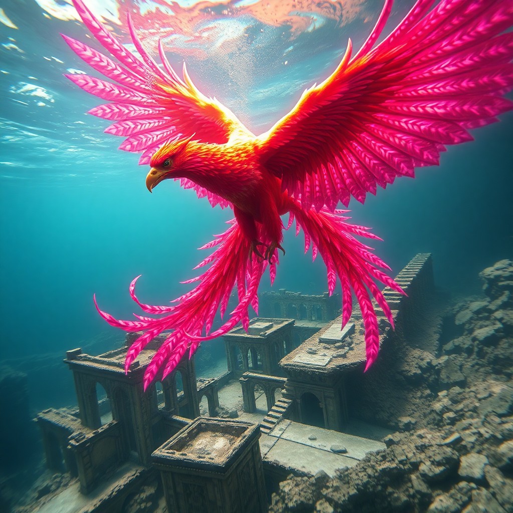 AI generated art for prompt: A majestic phoenix soars above the ruins of an ancient city in this surreal digital art piece, its i