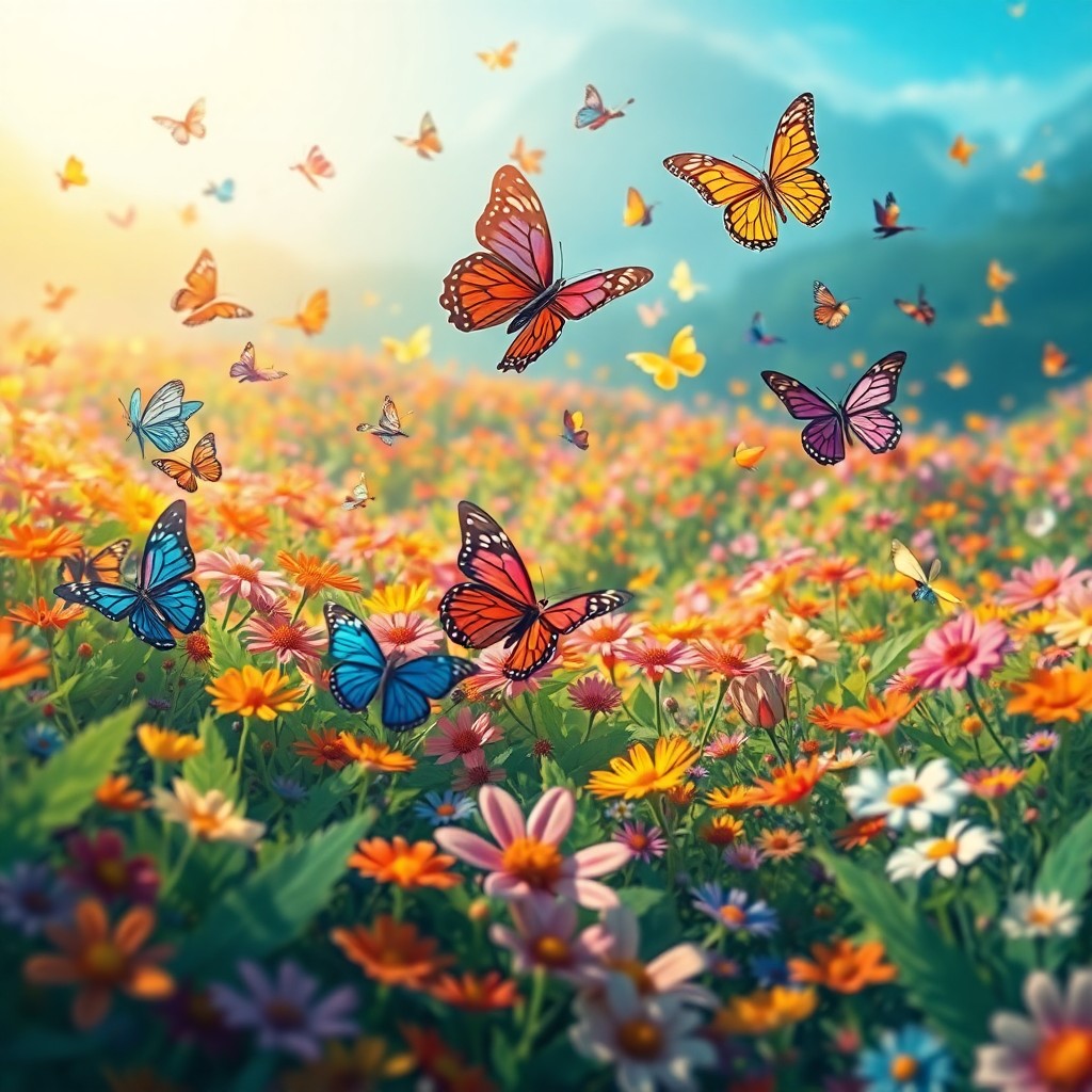 AI generated art for prompt: A whimsical digital art piece depicting an enchanting 'bug's-eye view' of a vibrant butterfly garden