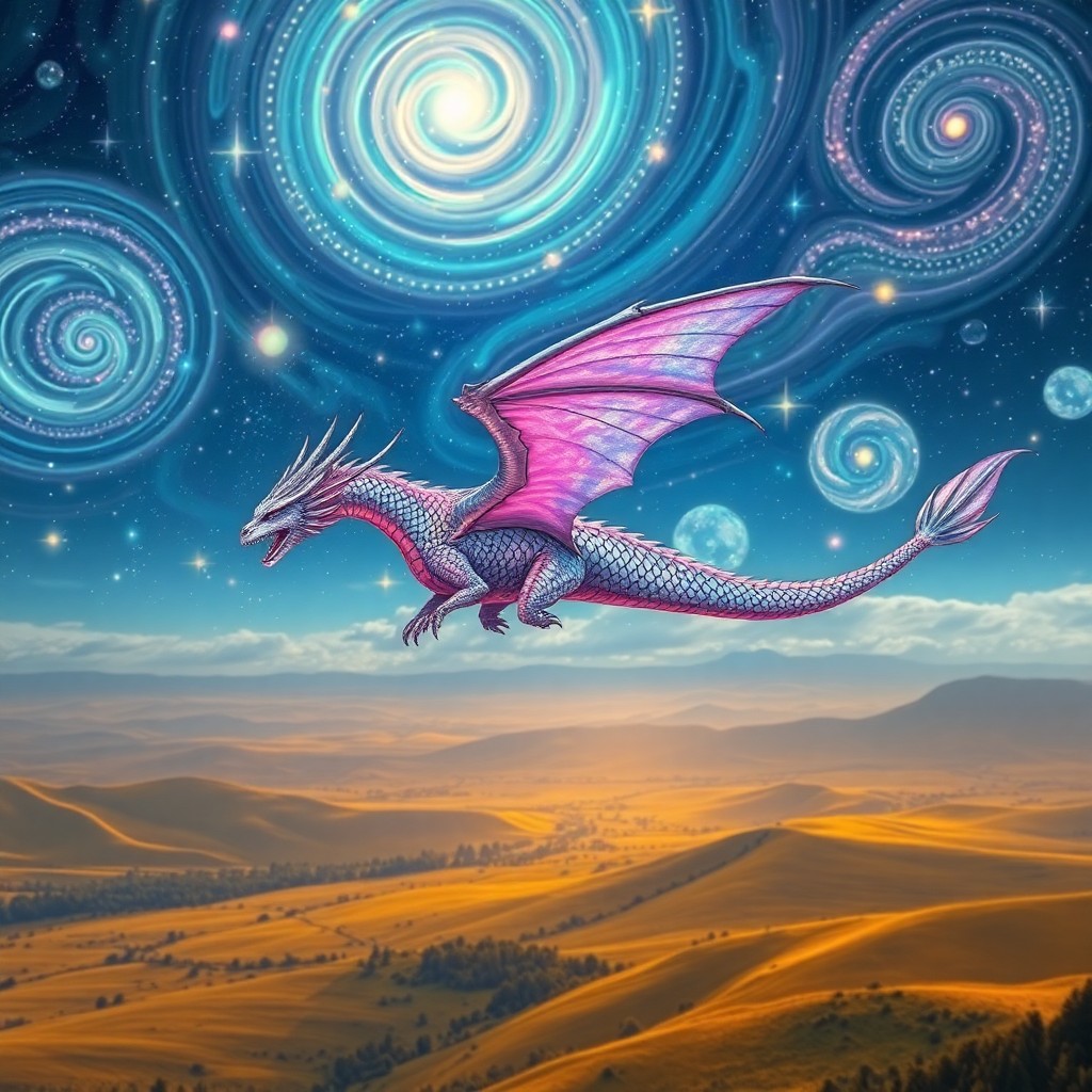 AI generated art for prompt: A surreal digital landscape showcasing a majestic dragon soaring through a sky filled with swirling,