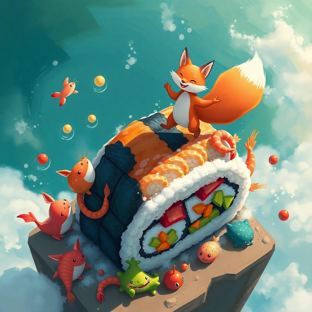 AI generated art for prompt: A whimsical aerial view showcases an enchanting digital painting style, where a lively fox spirit le