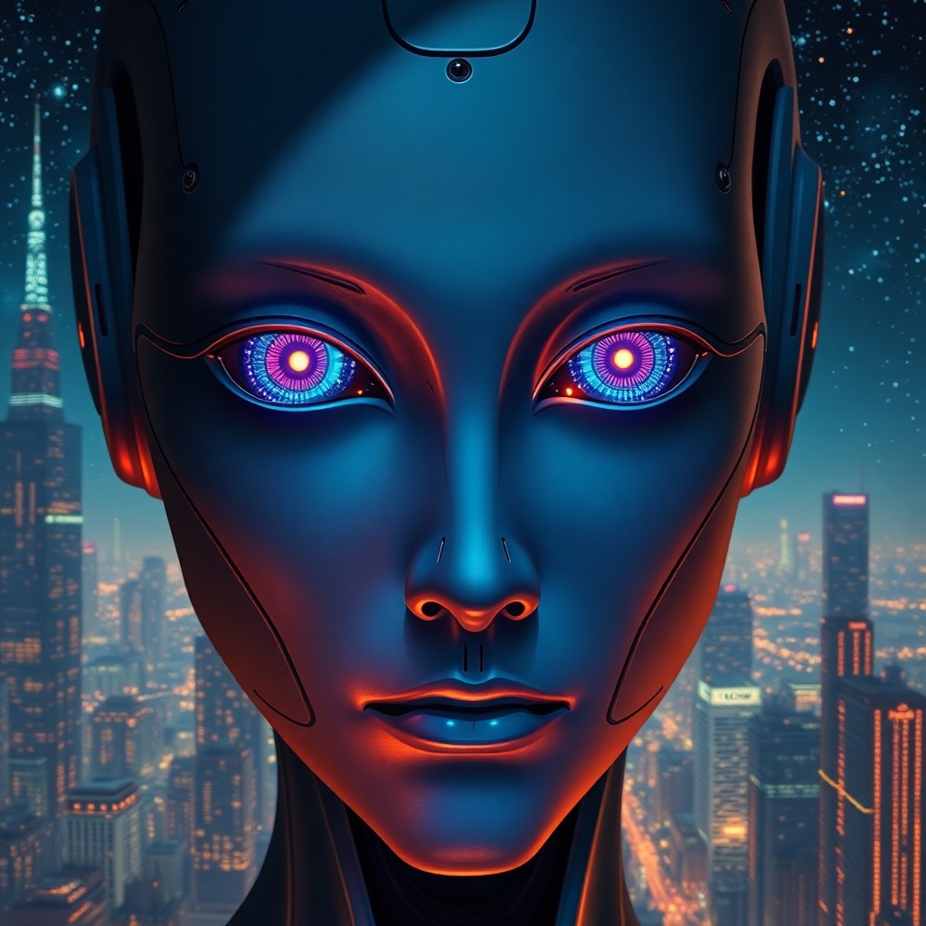 AI generated art for prompt: A surreal blend of Pointillism and digital art showcases an enigmatic android's eyes glowing with a 