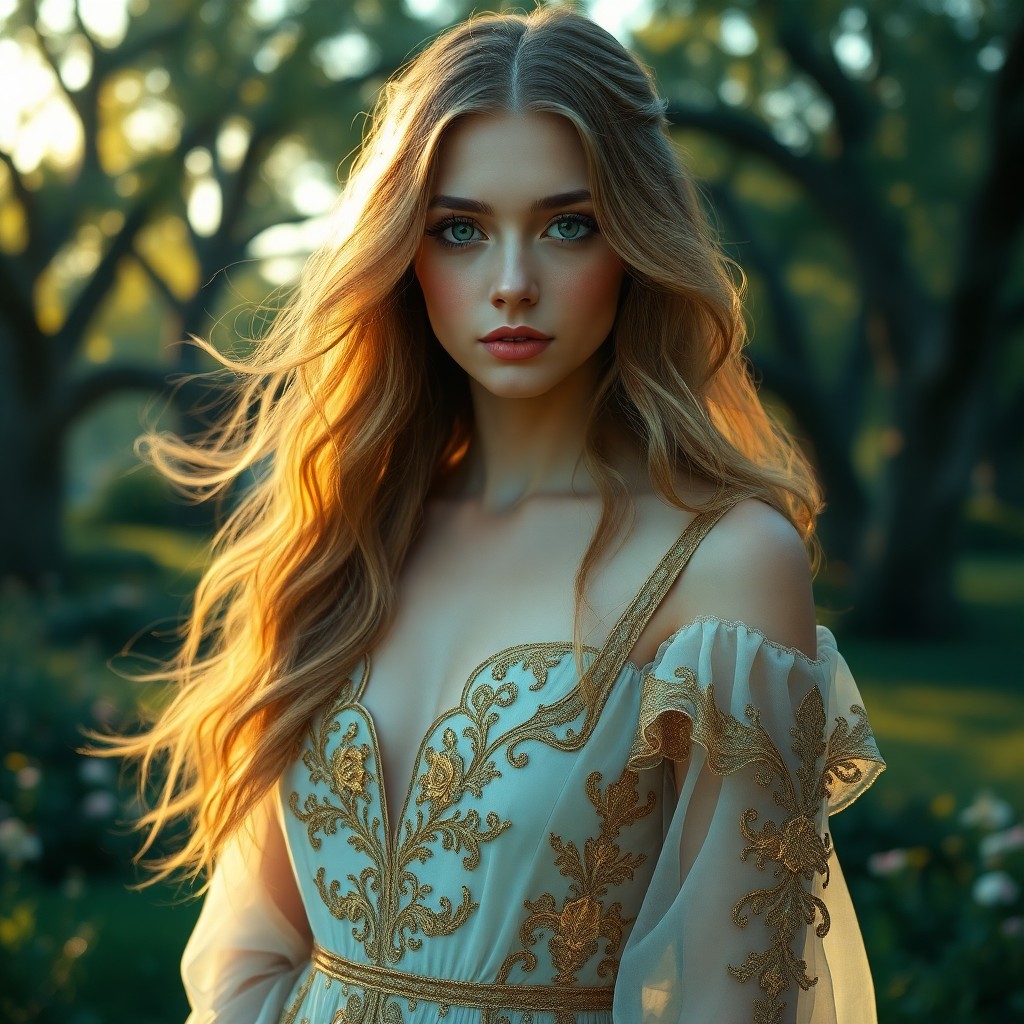 AI generated art for prompt: A portrait in the romantic style of Pre-Raphaelite art, featuring an enchanting female subject with 