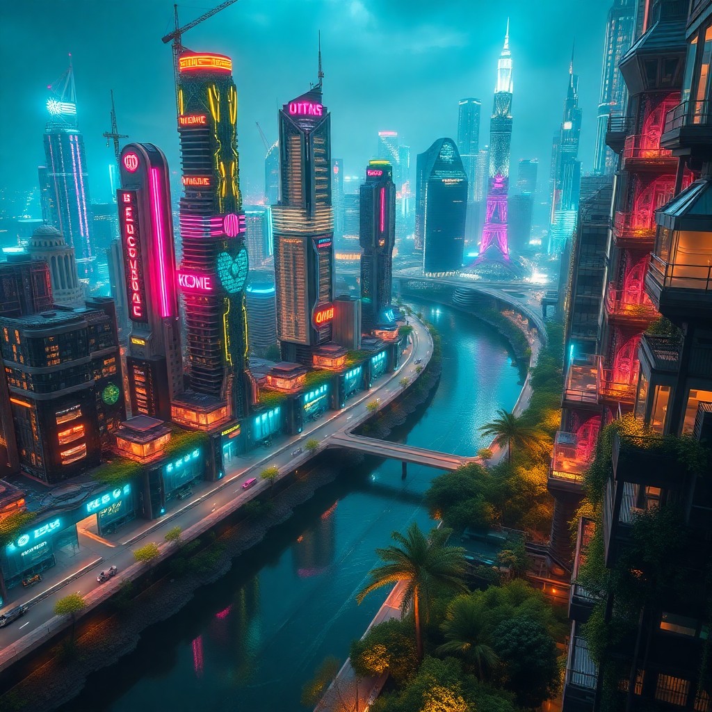 AI generated art for prompt: Envision a futuristic metropolis captured from an aerial perspective, harmoniously blending cyberpun