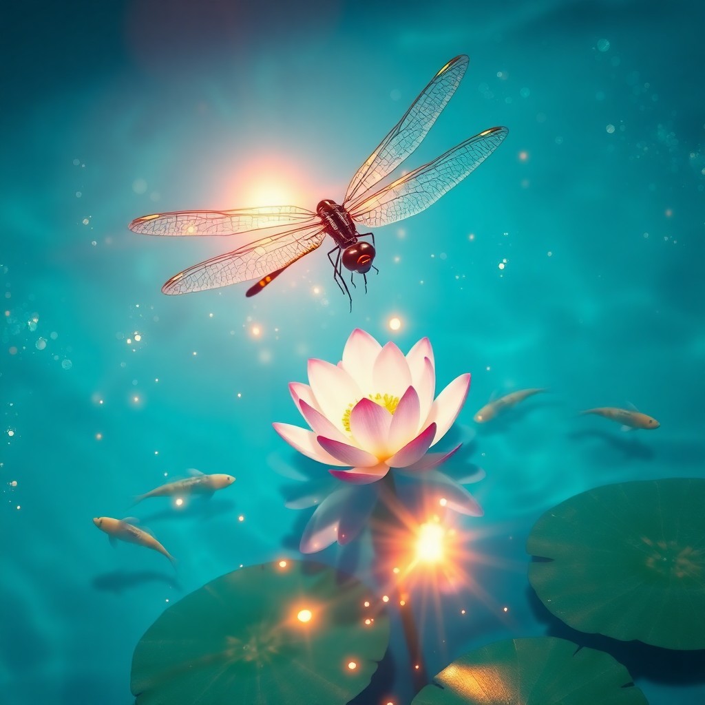 AI generated art for prompt: A surreal digital artwork depicting an idyllic lotus blossom emerging from a tranquil azure pond tee