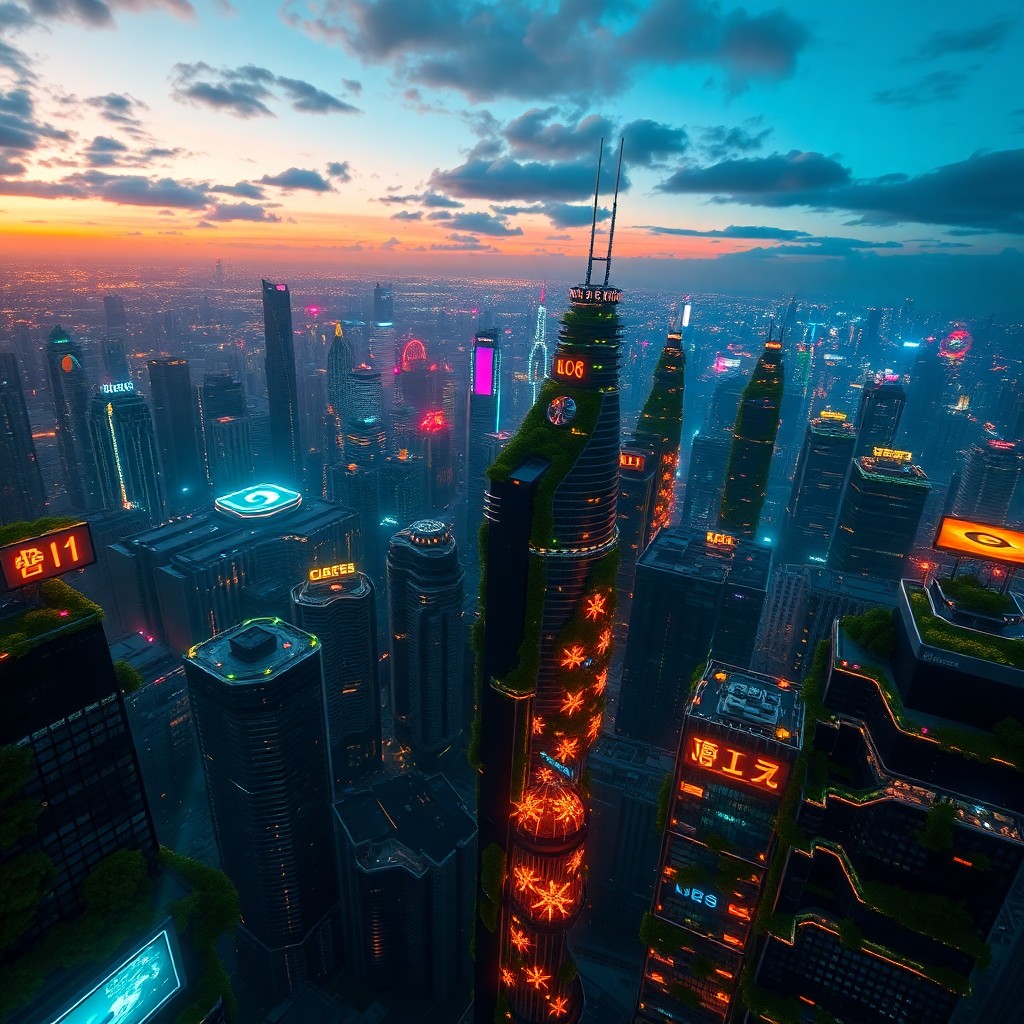 AI generated art for prompt: A digital art composition showcasing an expansive futuristic cityscape illuminated by neon lights at