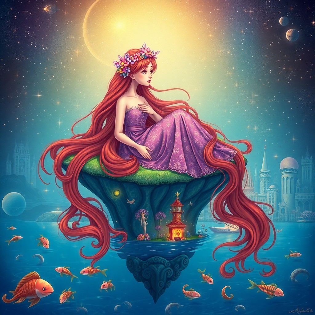 AI generated art for prompt: A whimsical digital artwork depicting a young woman with long, flowing red hair adorned with delicat