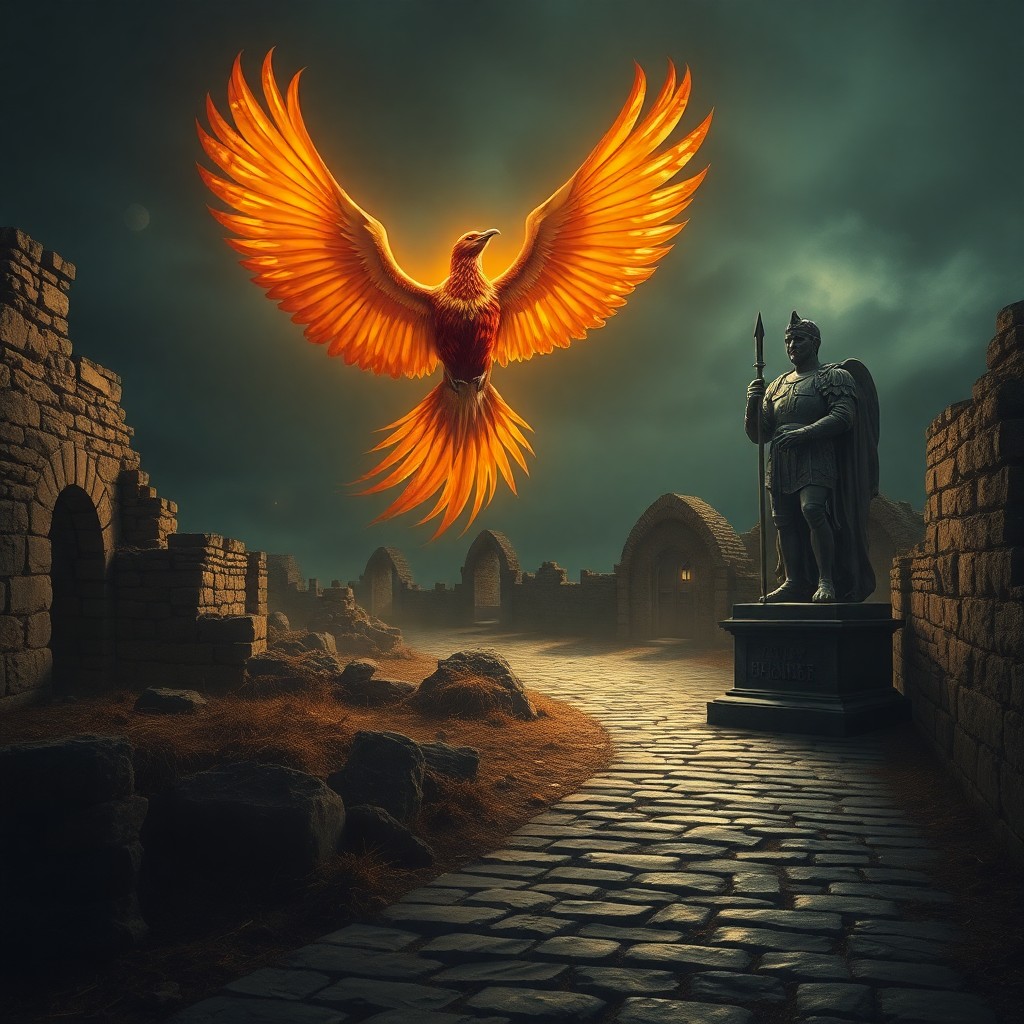 AI generated art for prompt: A regal phoenix emerges from the ruins of an ancient hamlet under the cover of night, its glistening