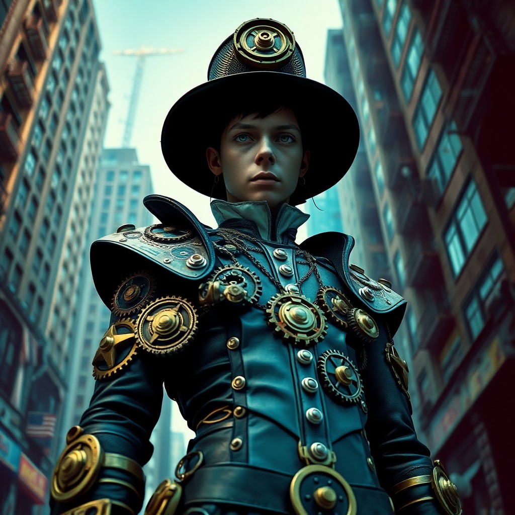 AI generated art for prompt: A surreal digital art portrait depicting an enigmatic figure in an elaborate steampunk costume, ador