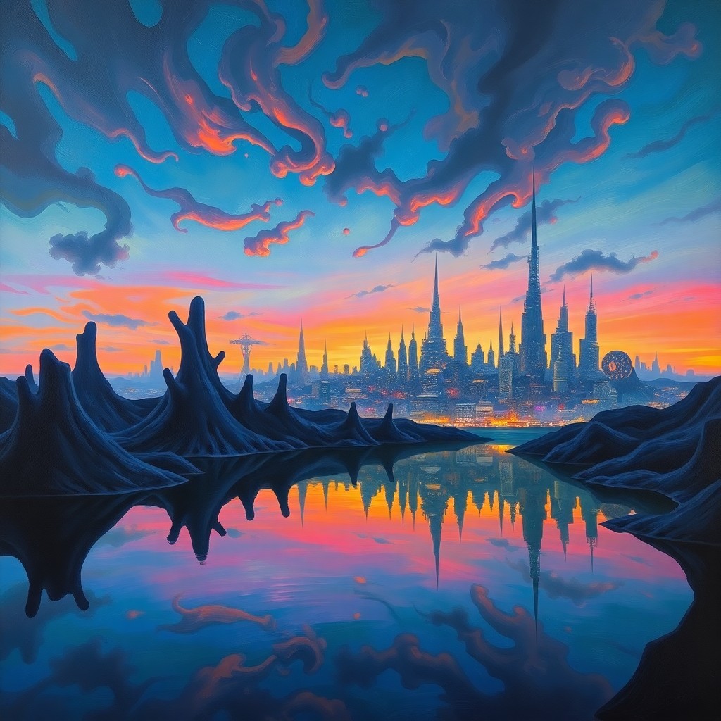 AI generated art for prompt: A surreal oil painting depicting a tranquil lake at twilight reflects an enigmatic cityscape, viewed