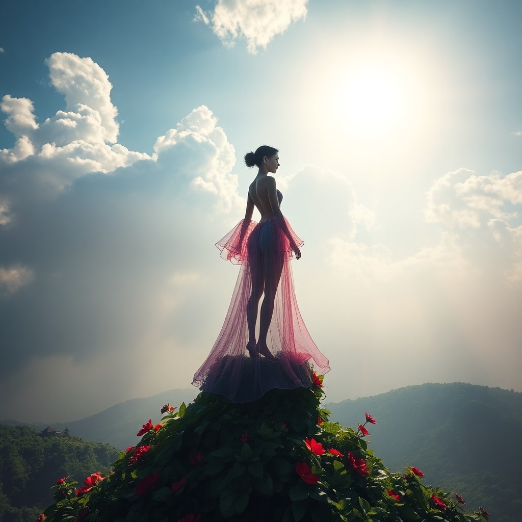 AI generated art for prompt: An enigmatic female figure stands upon an island of vibrant flora, her silhouette casting a captivat