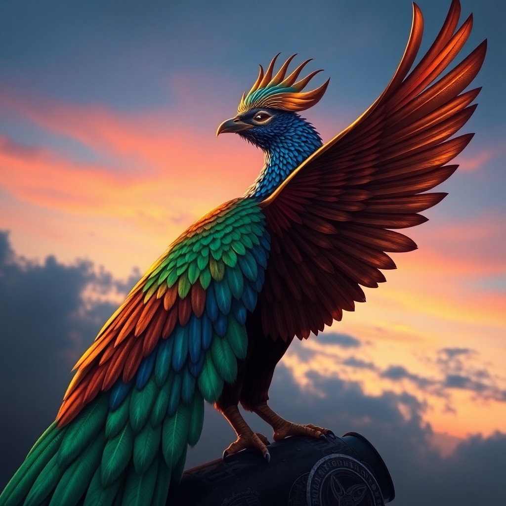 AI generated art for prompt: A magnificent mythical creature with ancient Egyptian-inspired features graces the twilight sky. Its