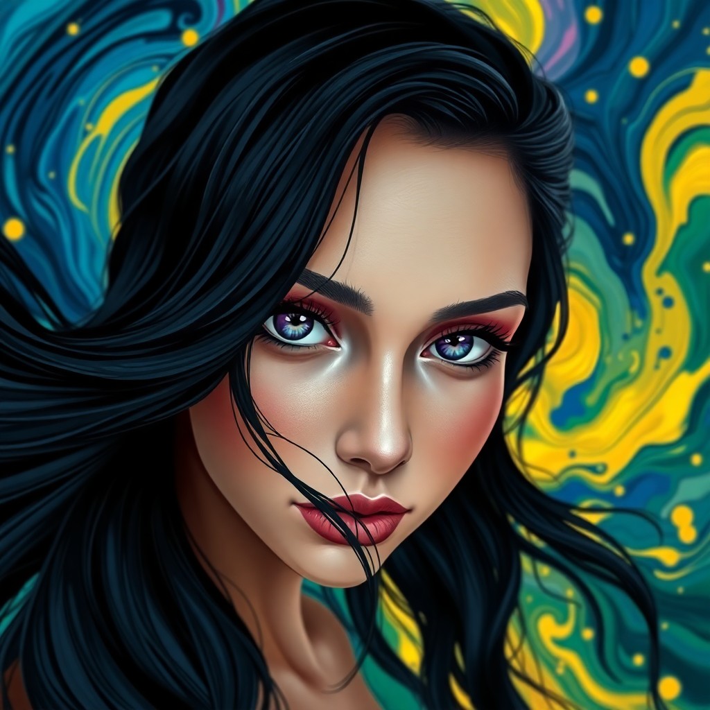 AI generated art for prompt: A digital art portrait captures a woman with mesmerizing violet eyes and flowing jet-black hair, sty