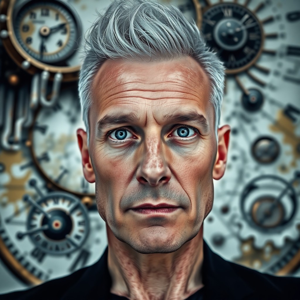 AI generated art for prompt: A portrait depicting a middle-aged man with a striking silver undercut hairstyle, showcasing his pie