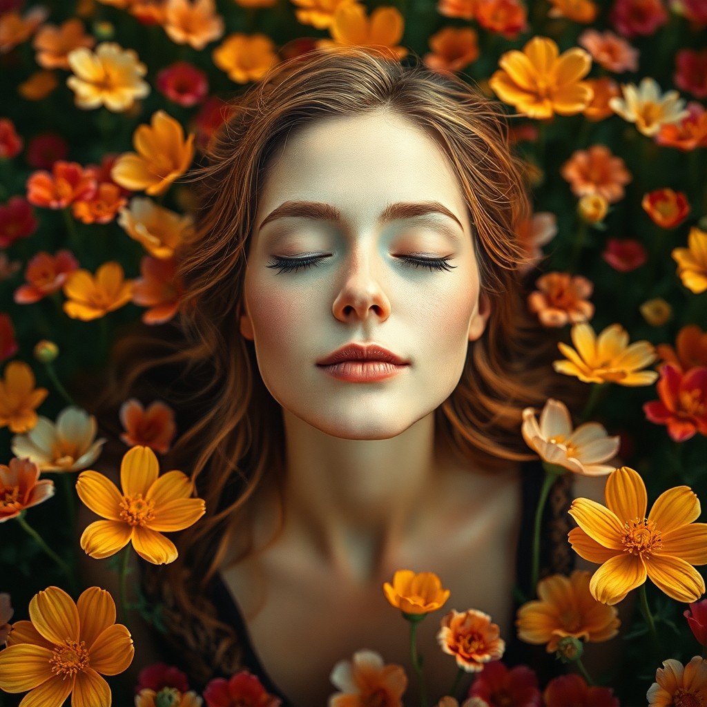 AI generated art for prompt: Envision an intricate portrait showcasing a woman meditating in a field of radiant blooms from a 'bu