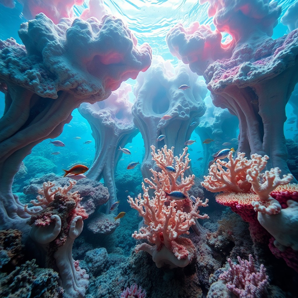 AI generated art for prompt: An underwater dreamscape featuring surreal, abstract coral formations reminiscent of melting timepie