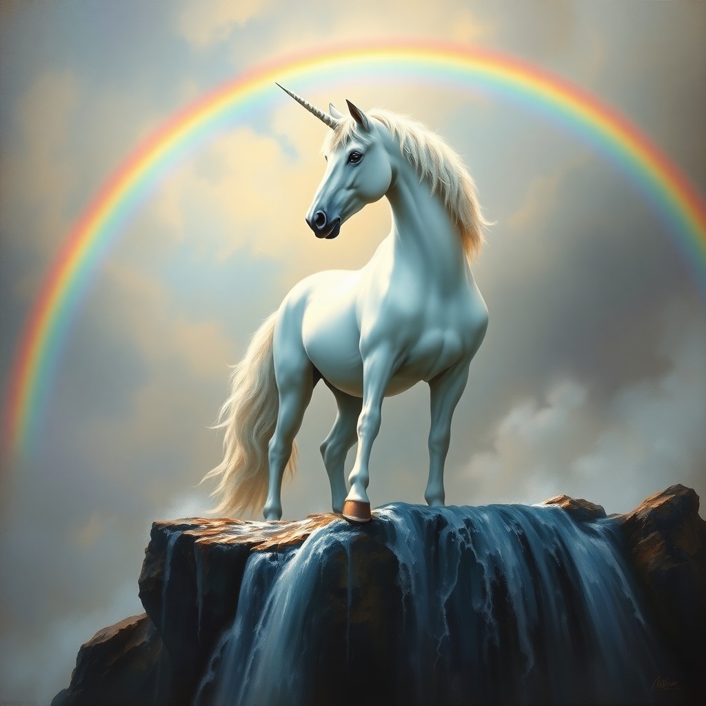 AI generated art for prompt: A majestic unicorn stands atop a cascading waterfall, its ethereal mane reflecting the prismatic lig