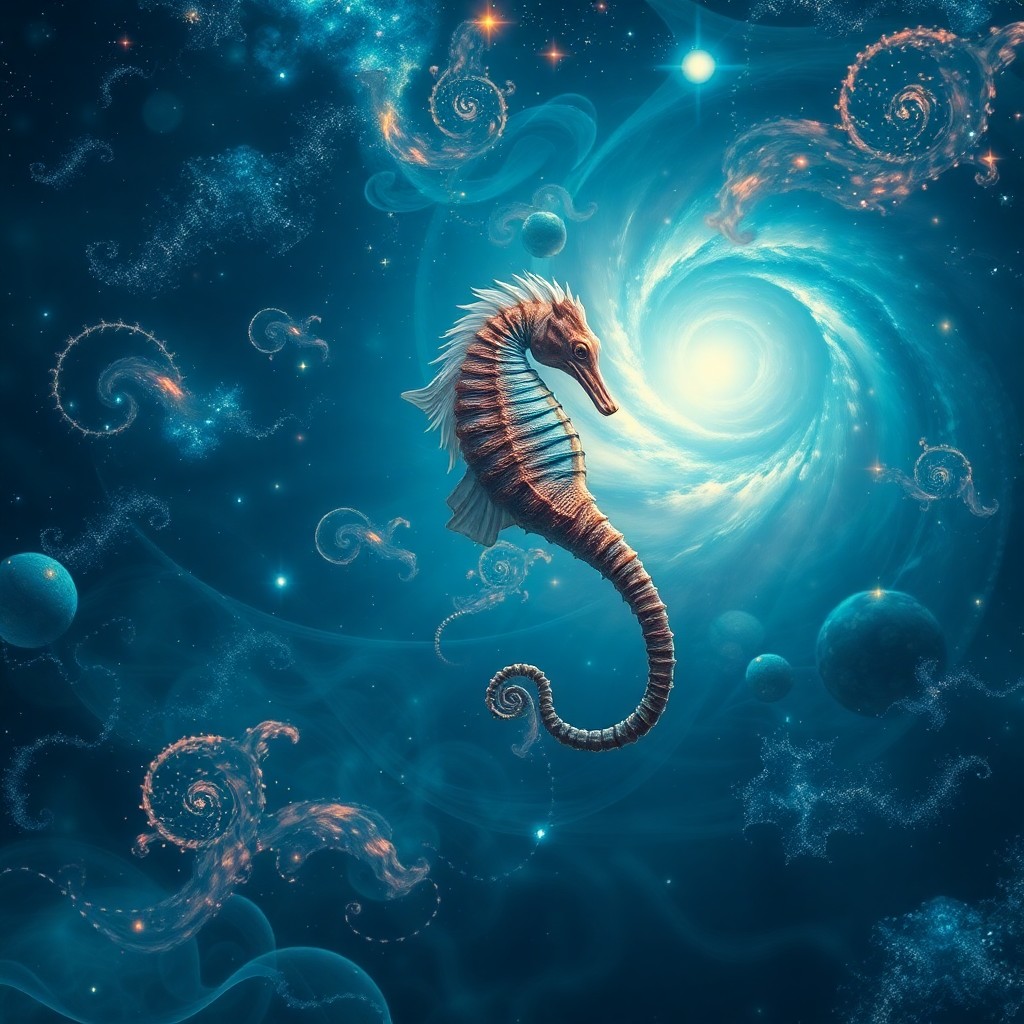 AI generated art for prompt: An ethereal underwater world, reminiscent of surrealist dreamscapes, showcases a majestic seahorse s