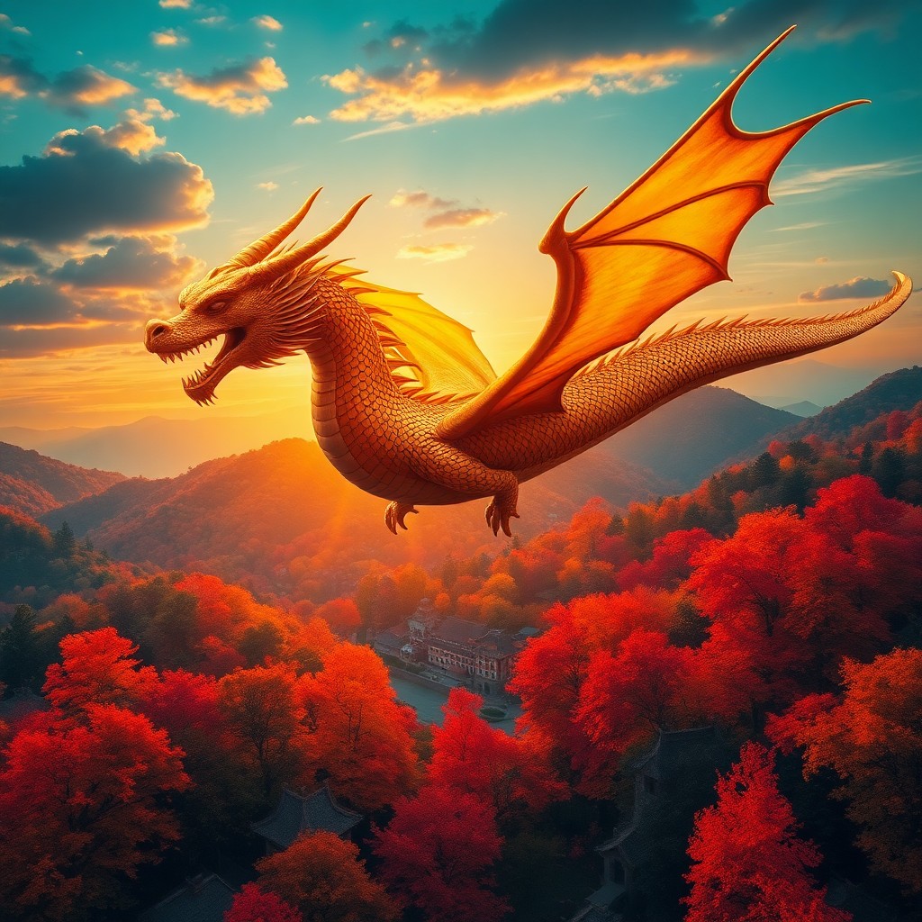 AI generated art for prompt: A surreal and whimsical image captures a majestic dragon with scales reflecting the golden hues of s