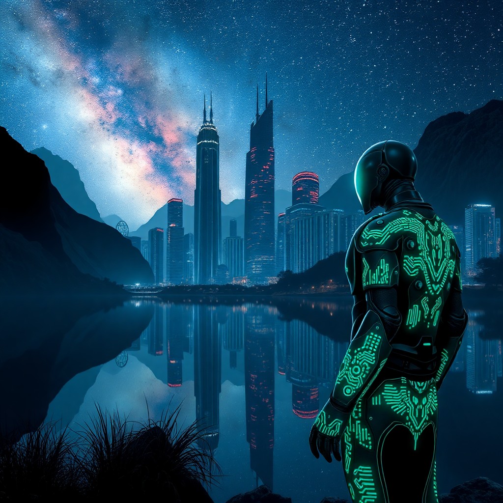 AI generated art for prompt: A digital artist seamlessly blends surreal landscapes with vivid cyberpunk cityscapes at night. From