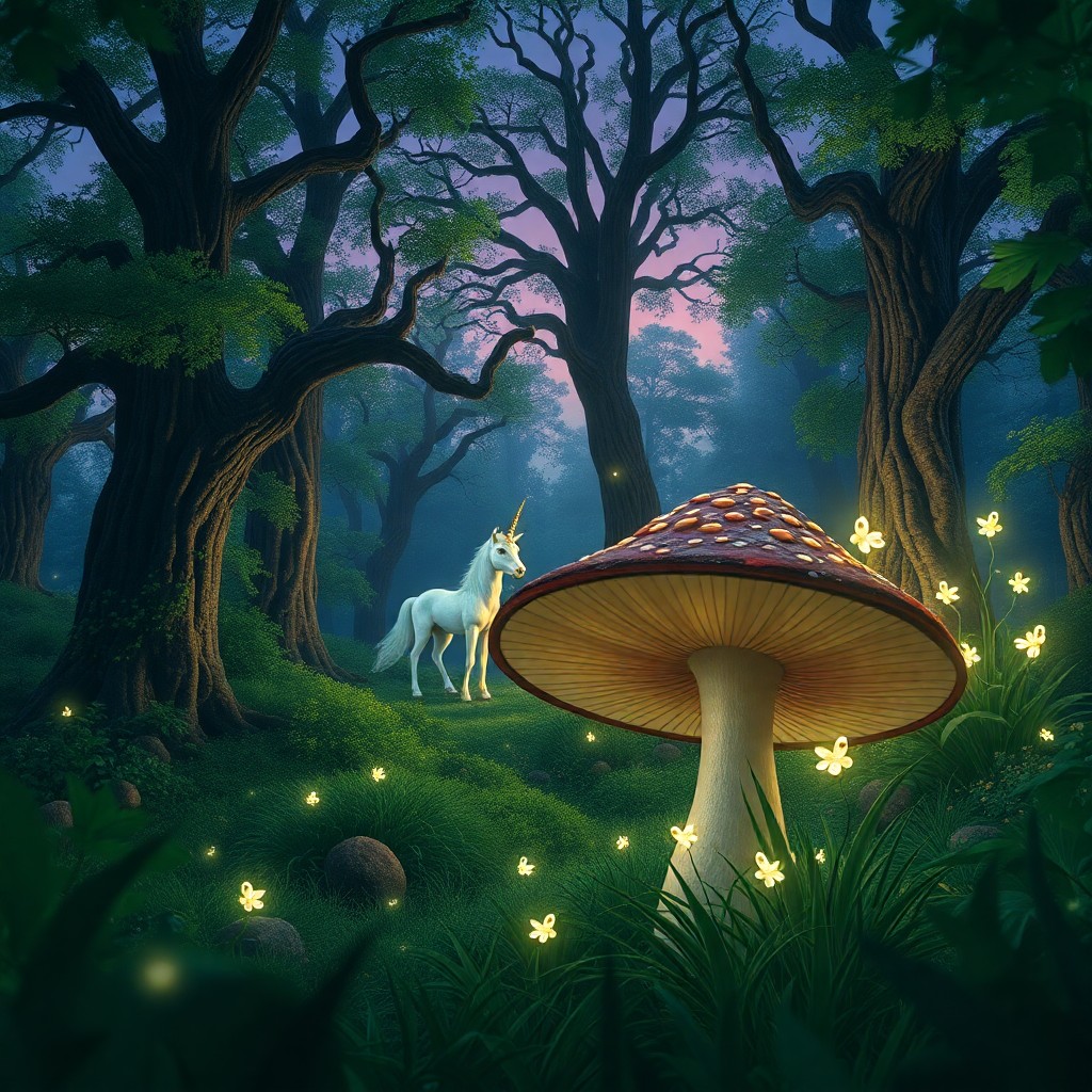 AI generated art for prompt: Craft an enchanting dreamscape of a verdant forest at twilight, brimming with fantastical creatures 