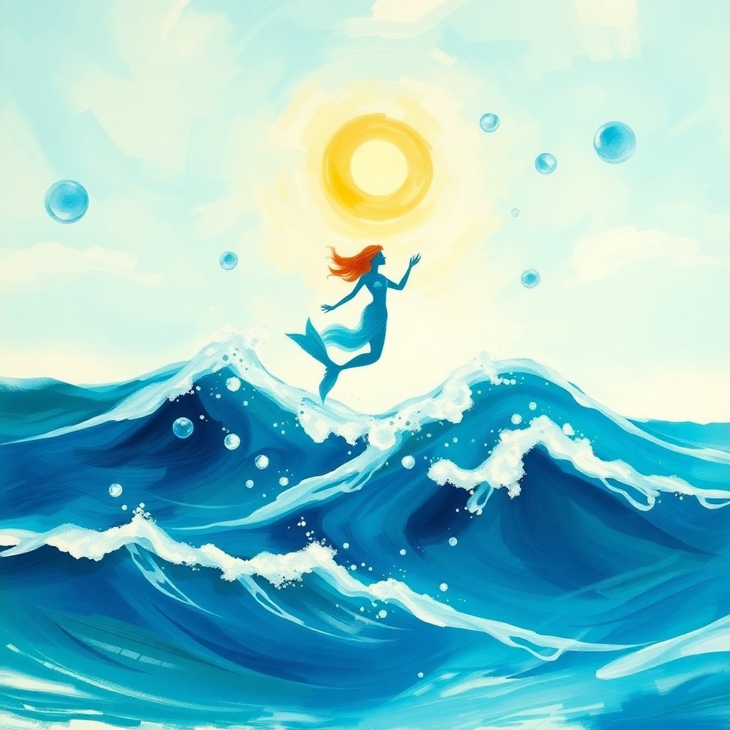 AI generated art for prompt: A mesmerizing seascape showcases an enchanting mermaid figure gracefully dancing atop shimmering wav