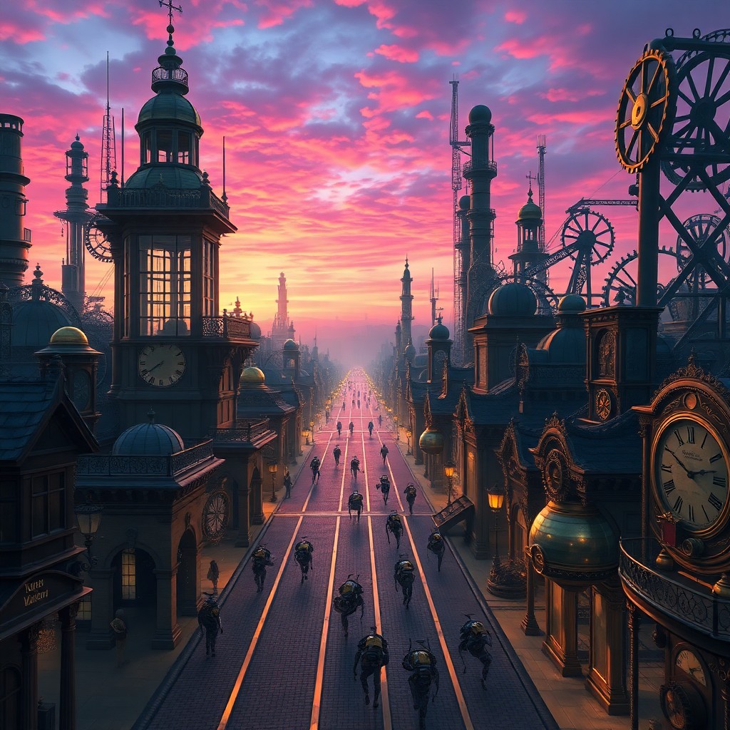 AI generated art for prompt: A captivating digital artwork depicting a vibrant Victorian-era cityscape at dawn, rendered from an 