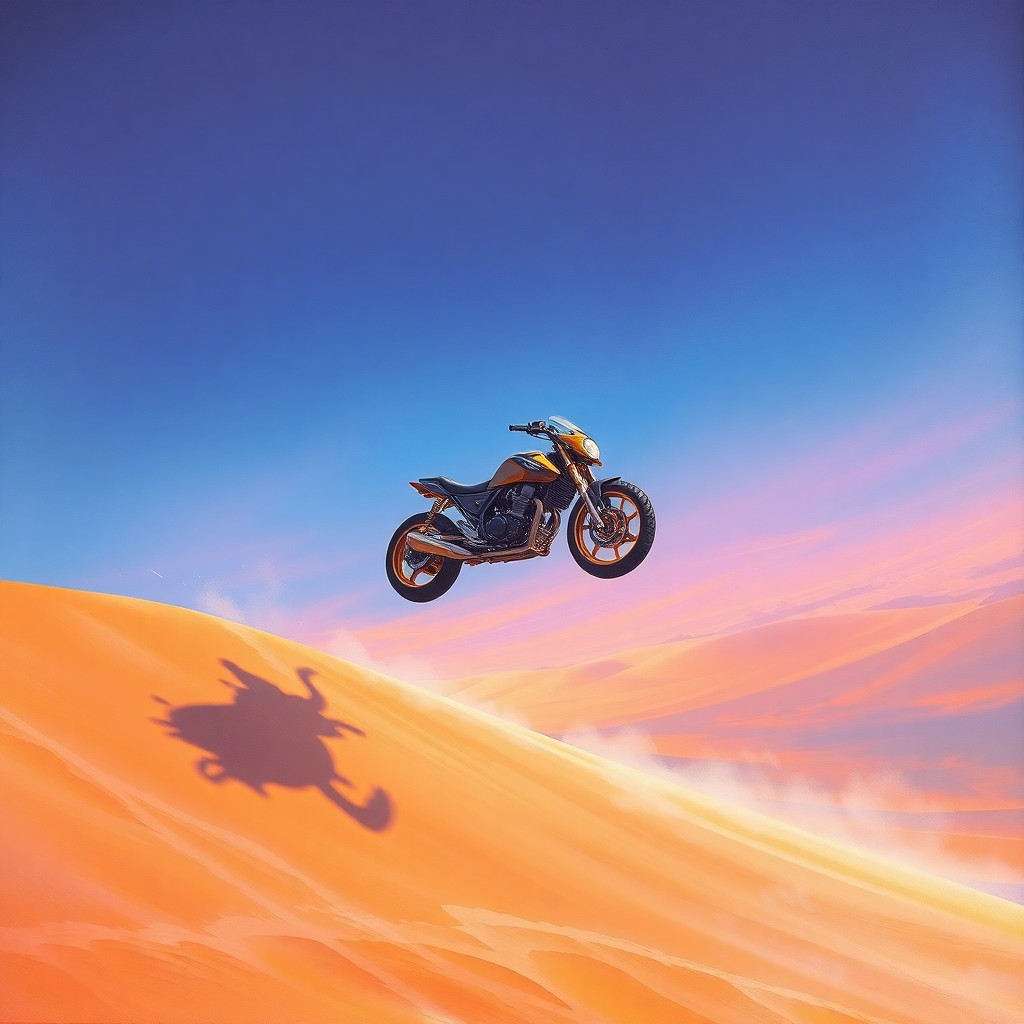 AI generated art for prompt: A surrealistic painting showcasing an impossible hoverbike suspended in mid-air over a fantastical d