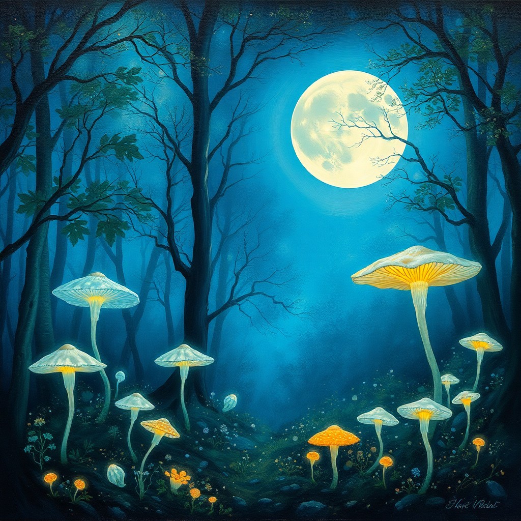 AI generated art for prompt: Envision an enchanting oil painting portraying a tranquil moonlit forest glade, imbued with soft, ot