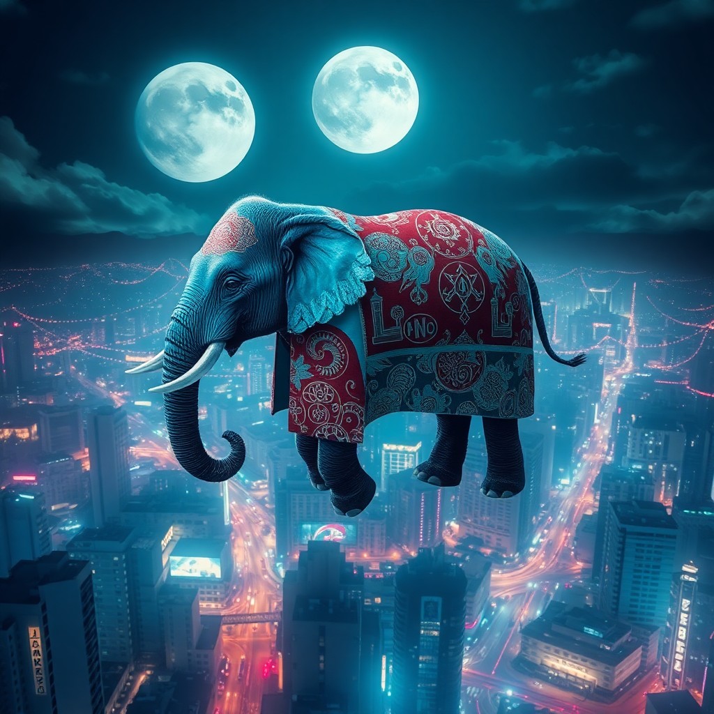 AI generated art for prompt: A dreamlike digital art composition depicting an ethereal elephant floating above a vibrant urban la