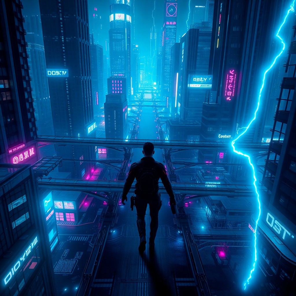 AI generated art for prompt: A futuristic cityscape unfolds in the distinctive cyberpunk aesthetic, with towering skyscrapers ado