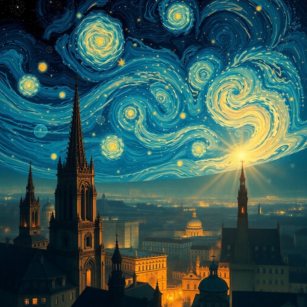 AI generated art for prompt: Craft an image depicting a celestial cityscape at night from a high, 'bird's-eye view' perspective, 