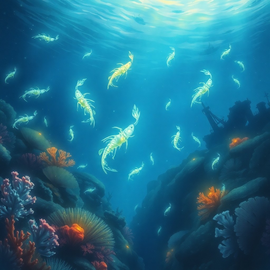 AI generated art for prompt: A tranquil underwater scene showcases bioluminescent creatures drifting elegantly in the vast ocean 