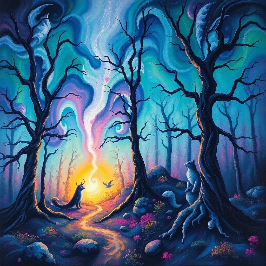 AI generated art for prompt: An oil painting depicting an ethereal forest scene illuminated by a vibrant aurora borealis, with sw